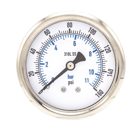 Pic Gauges 2 1/2 in Dial, 1/4 in NPT Male Center Back Location, Stainless Steel Case Material PRO-302D-254F-01